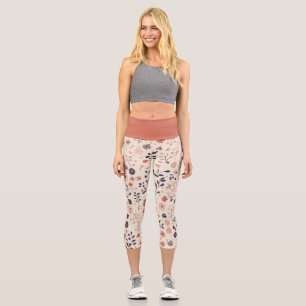 Terracotta Purple Beige Boho Watercolor Florals Capri Leggings