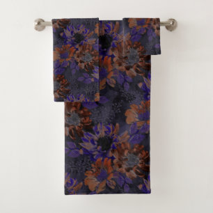 Terracotta, purple flowers on a velvety gray  bath towel set