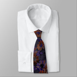 Terracotta, purple flowers on a velvety gray neck tie