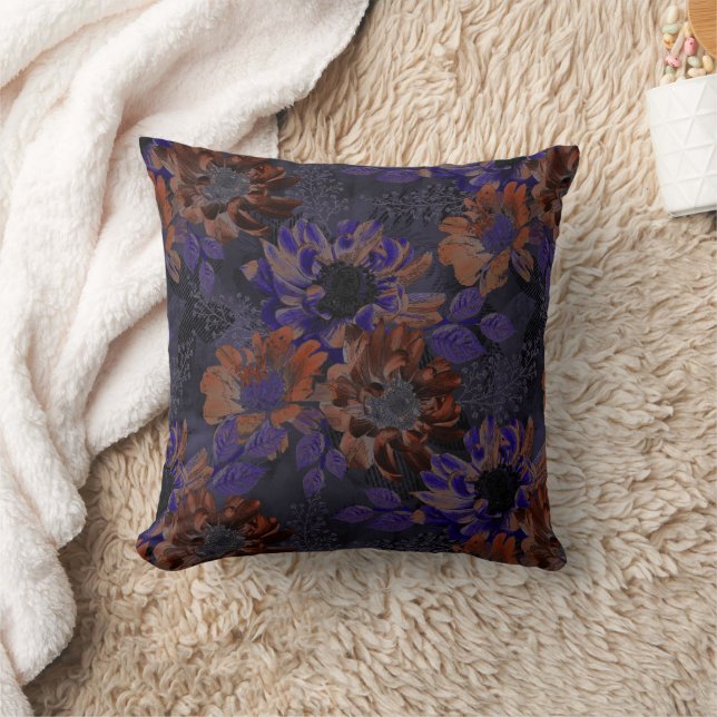 Terracotta, purple flowers on a velvety gray  throw pillow (Blanket)