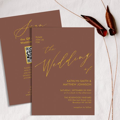 Terracotta QR Code All In One Elegant Gold Wedding Invitation