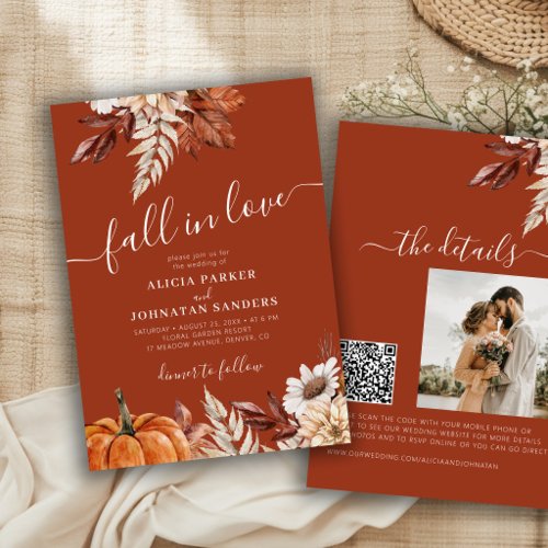 Terracotta QR code Fall in Love botanical wedding Invitation
