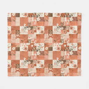 Terracotta Quilt Patchwork Gingham Cottagecore Fleece Blanket