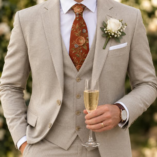 Terracotta Ranunculus Blue Botanical Floral Neck Tie