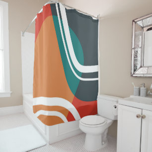 Terracotta red blue and white abstract line art shower curtain