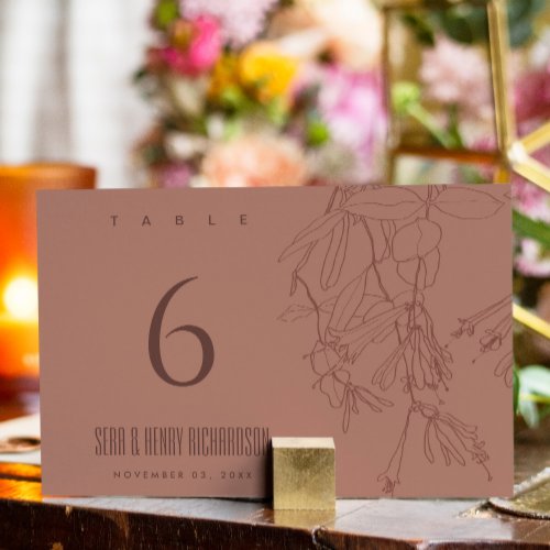 TERRACOTTA RED BLUSH LINE DRAWING FLORAL WEDDING TABLE NUMBER