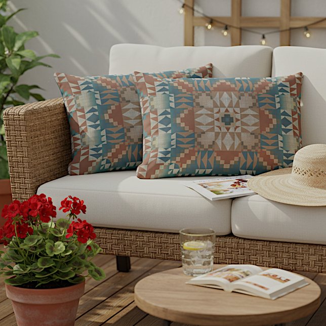 Terracotta Red Brown Beige Teal Blue Tribal Art Lumbar Pillow (Creator Uploaded)