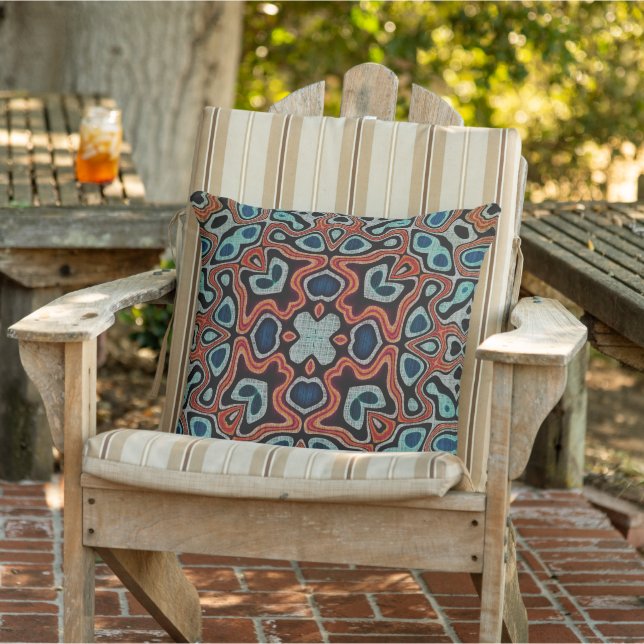Terracotta Red Brown Blue Turquoise Tribal Art Outdoor Pillow (Chair)