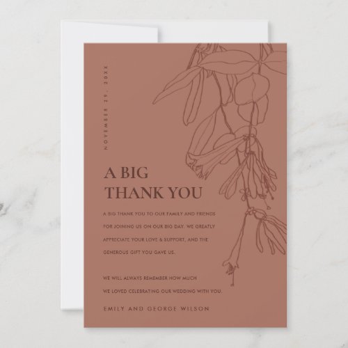 TERRACOTTA RED RUST LINE DRAWING FLORAL WEDDING THANK YOU CARD