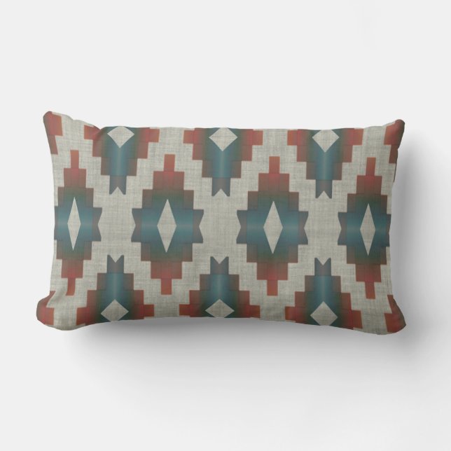 Terracotta Red TaupeBrown Teal Blue Tribal Art Lumbar Pillow (Front)