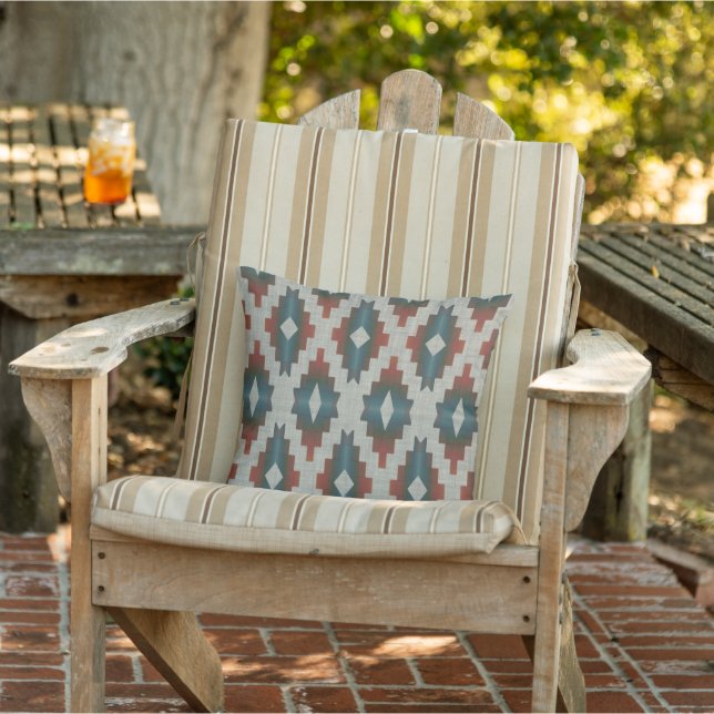 Terracotta Red TaupeBrown Teal Blue Tribal Art Outdoor Pillow (Chair)