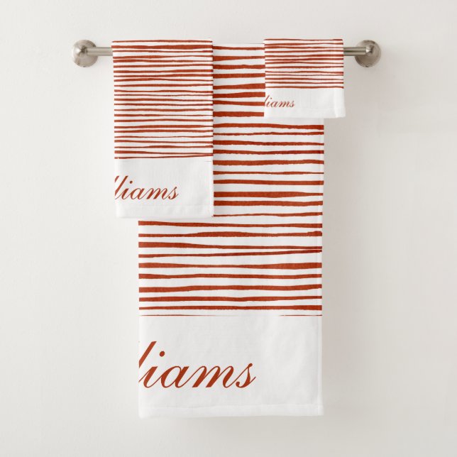 Terracotta Red Watercolor Texture Striped Name  Bath Towel Set (Insitu)