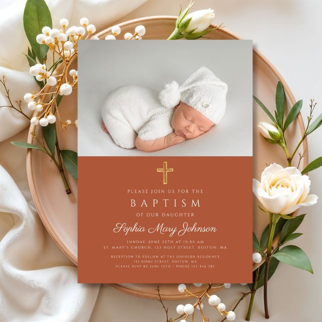 Terracotta Religious Cross Photo Baptism Invitation (Terracotta Religious Cross Photo Baptism Invitation)