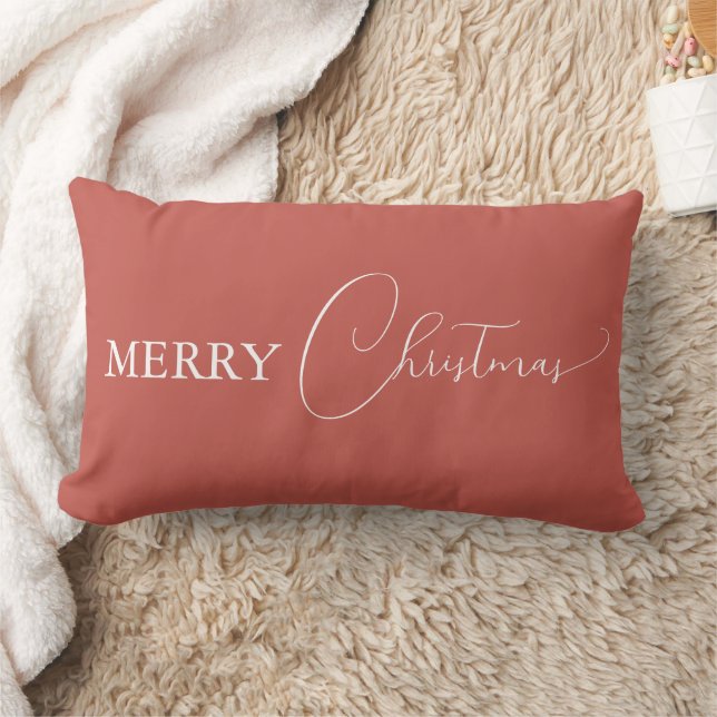 Terracotta Retro Boho Minimalist Merry Christmas Lumbar Pillow (Blanket)
