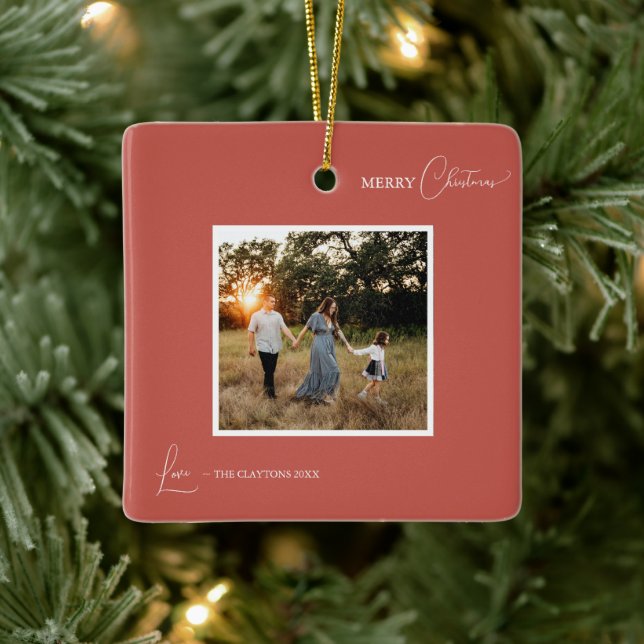 Terracotta Retro Boho Minimalist Photo Christmas Ceramic Ornament (Tree)