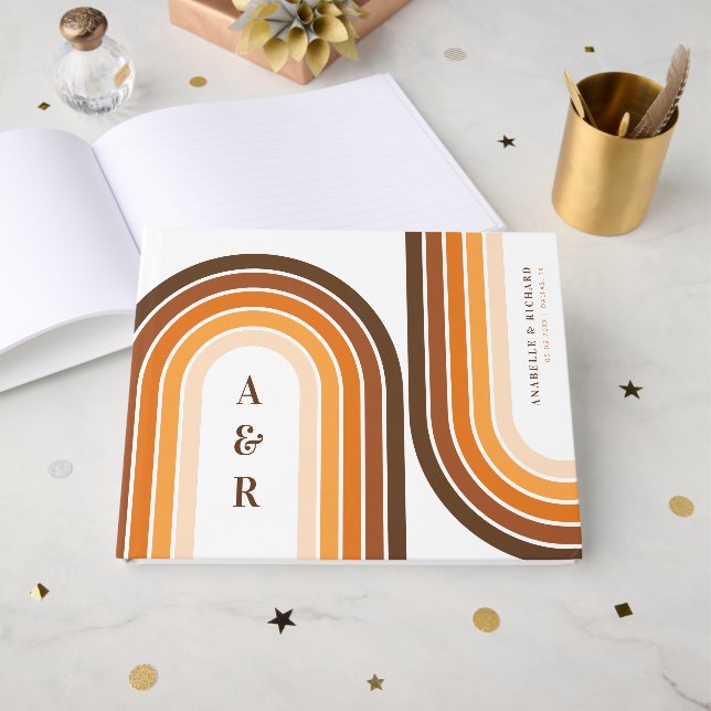 Terracotta Retro Boho Rainbow 70s Wedding Monogram Guest Book (Front Open)