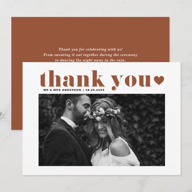 Terracotta Retro Bold Typography Photo Wedding Thank You Card (Front/Back)