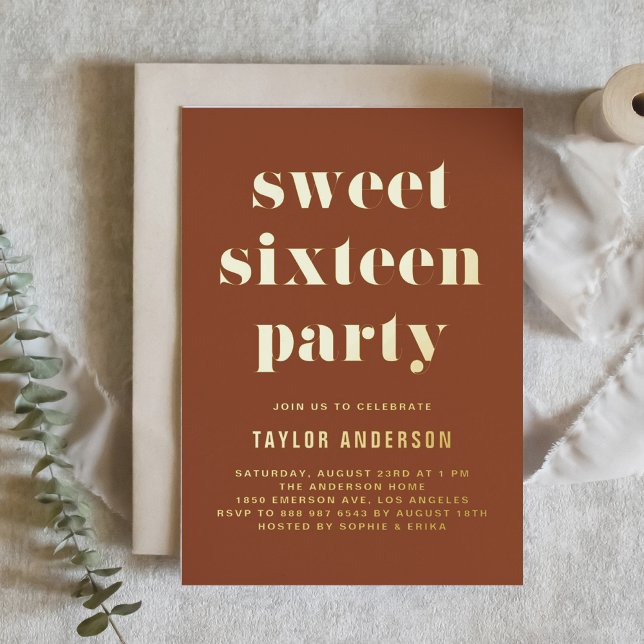 Terracotta Retro Bold Typography Sweet 16 Birthday Foil Invitation (Creator Uploaded)