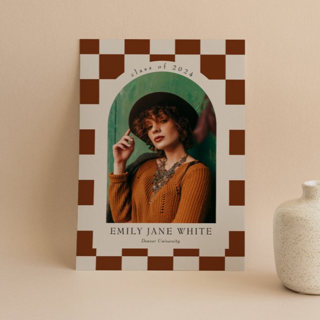 Terracotta Retro Checkered Arch Photo Graduation Invitation (Creator Uploaded)