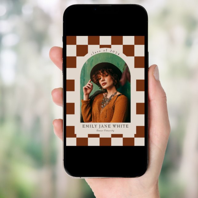 Terracotta Retro Checkered Arch Photo Graduation Invitation (Front Digital)