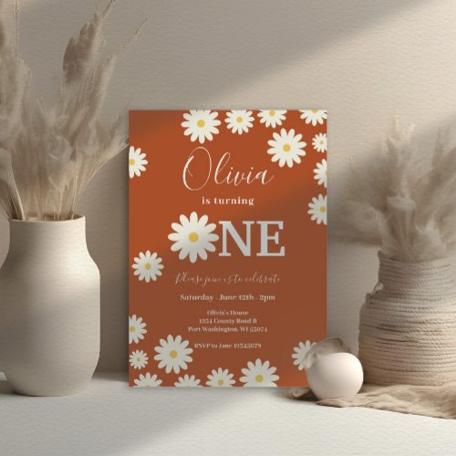 Terracotta Retro Daisy Floral 1st Birthday Party  Invitation