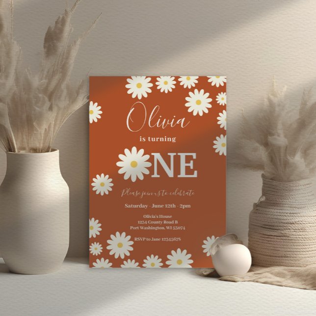 Terracotta Retro Daisy Floral 1st Birthday Party  Invitation (Creator Uploaded)