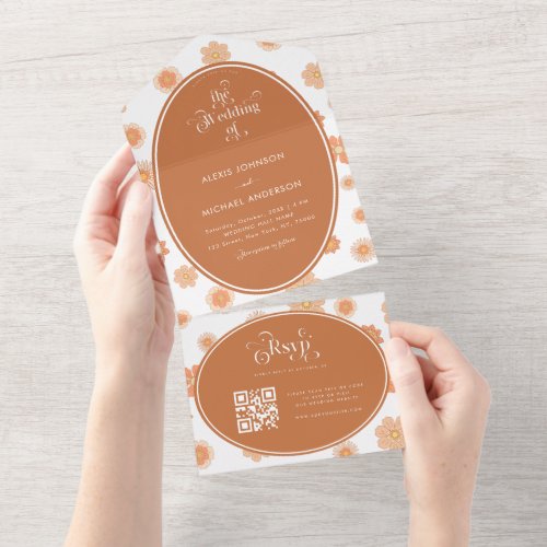 Terracotta Retro Floral Frame  Vintage Typography All In One Invitation