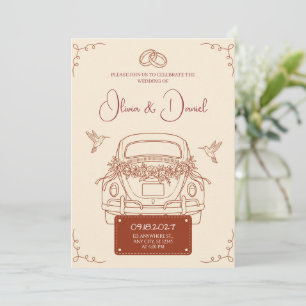 Terracotta Retro Getaway Car Wedding Invitation