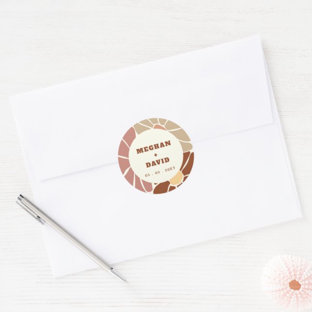Terracotta Retro Groovy Boho Chic Floral Wedding Classic Round Sticker (Envelope)