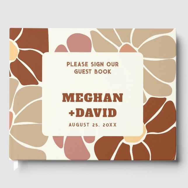 Terracotta Retro Groovy Boho Chic Floral Wedding Guest Book (Front)