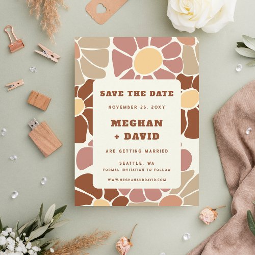 Terracotta Retro Groovy Boho Chic Save The Date Announcement Postcard