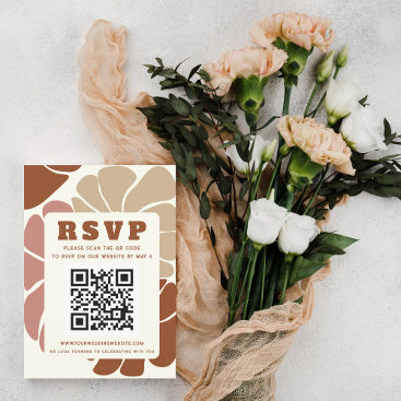 Terracotta Retro Groovy Boho Floral QR CODE RSVP Card