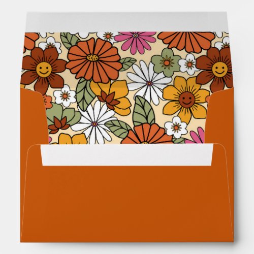 Terracotta Retro Groovy Hippie Floral 70s Wedding Envelope