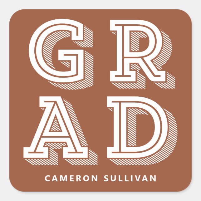 Terracotta Retro Typography GRAD Graduation Square Sticker (Front)