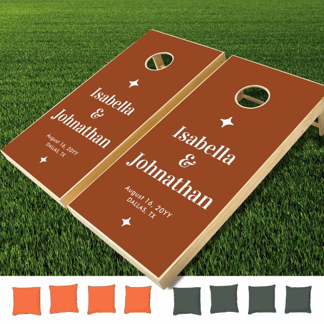 Terracotta Retro Typography Wedding Cornhole Set (Personalize with names, date, place, or your preferred text. Choose 2 color bags.)