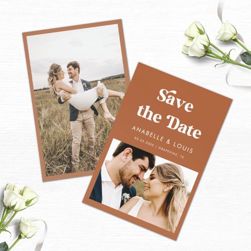 Terracotta Retro Vintage Script  2 Photo Wedding Save The Date