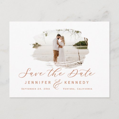 Terracotta Romantic Brushed Photo Save the Date Postcard