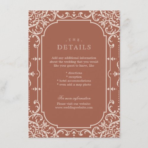 Terracotta romantic vintage wedding details card