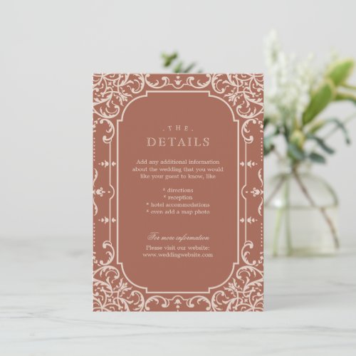 Terracotta romantic vintage wedding details card