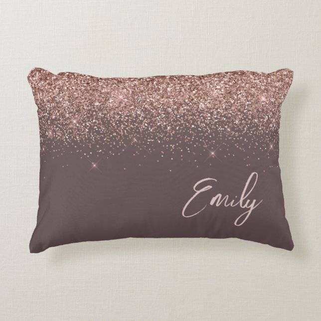 Terracotta Rose Gold Blush Pink Glitter Monogram Accent Pillow (Front)