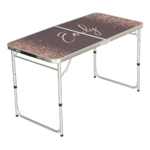 Terracotta Rose Gold Blush Pink Glitter Monogram Beer Pong Table