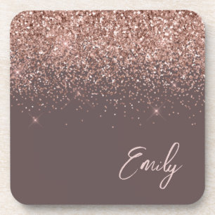 Terracotta Rose Gold Blush Pink Glitter Monogram Beverage Coaster