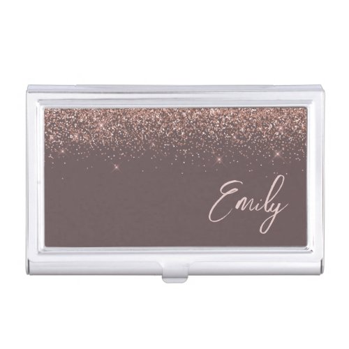 Terracotta Rose Gold Blush Pink Glitter Monogram Business Card Case