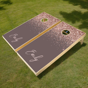 Terracotta Rose Gold Blush Pink Glitter Monogram Cornhole Set
