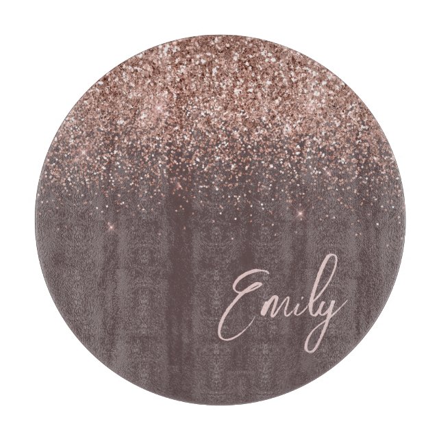 Terracotta Rose Gold Blush Pink Glitter Monogram Cutting Board (Front)
