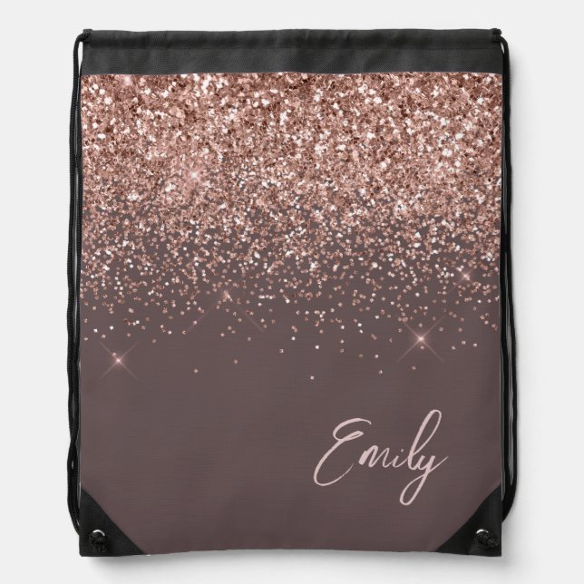 Terracotta Rose Gold Blush Pink Glitter Monogram Drawstring Bag (Front)