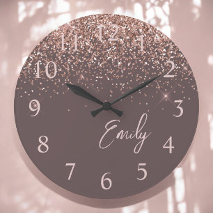 Terracotta Rose Gold Blush Pink Glitter Monogram  Large Clock