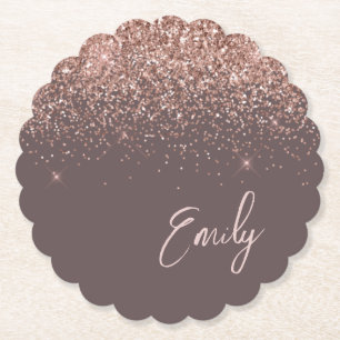 Terracotta Rose Gold Blush Pink Glitter Monogram Paper Coaster
