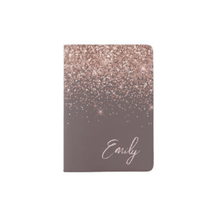 Terracotta Rose Gold Blush Pink Glitter Monogram Passport Holder