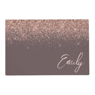 Terracotta Rose Gold Blush Pink Glitter Monogram Placemat